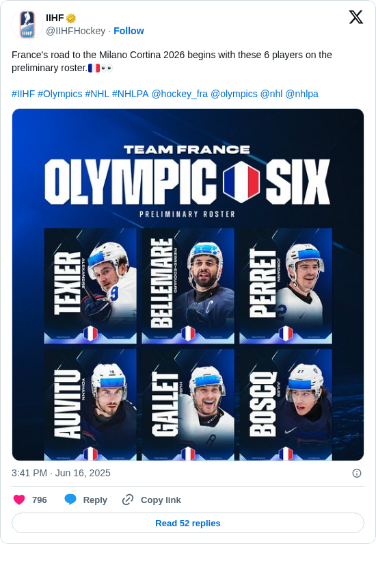 IIHF: France's road to the Milano Cortina 2026 begins with these 6 players on the preliminary roster.🇫🇷👀

#IIHF #Olympics #NHL #NHLPA @hockey_fra @olympics @nhl @nhlpa https://t.co/SXj2g1grMb