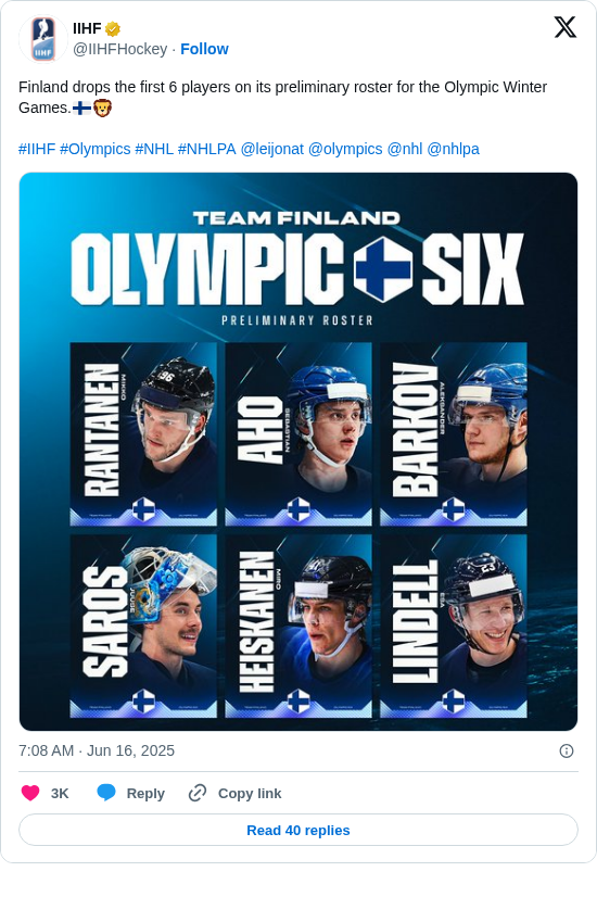 IIHF: Finland drops the first 6 players on its preliminary roster for the Olympic Winter Games.🇫🇮🦁

#IIHF #Olympics #NHL #NHLPA @leijonat @olympics @nhl @nhlpa https://t.co/wjGE7UqyRN