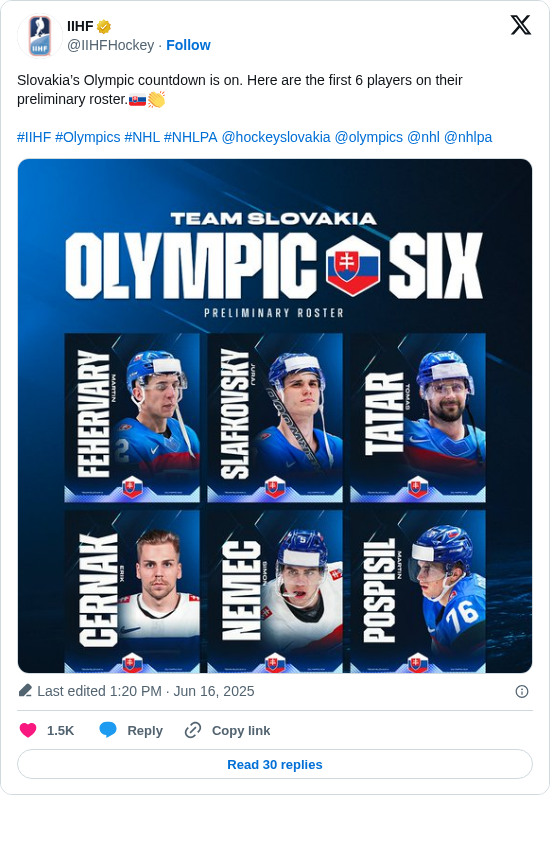 IIHF: Slovakia’s Olympic countdown is on. Here are the first 6 players on their preliminary roster.🇸🇰👏

#IIHF #Olympics #NHL #NHLPA @hockeyslovakia @olympics @nhl @nhlpa https://t.co/rgo2iYLrdH