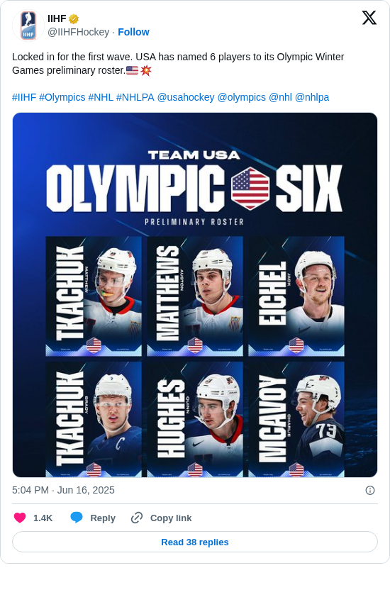 IIHF: Locked in for the first wave. USA has named 6 players to its Olympic Winter Games preliminary roster.🇺🇸💥

#IIHF #Olympics #NHL #NHLPA @usahockey @olympics @nhl @nhlpa https://t.co/TrYgqh6ArO