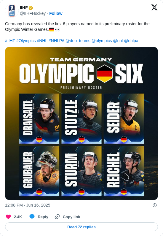 IIHF: Germany has revealed the first 6 players named to its preliminary roster for the Olympic Winter Games.🇩🇪👀

#IIHF #Olympics #NHL #NHLPA @deb_teams @olympics @nhl @nhlpa https://t.co/8AN8yR2Jw0