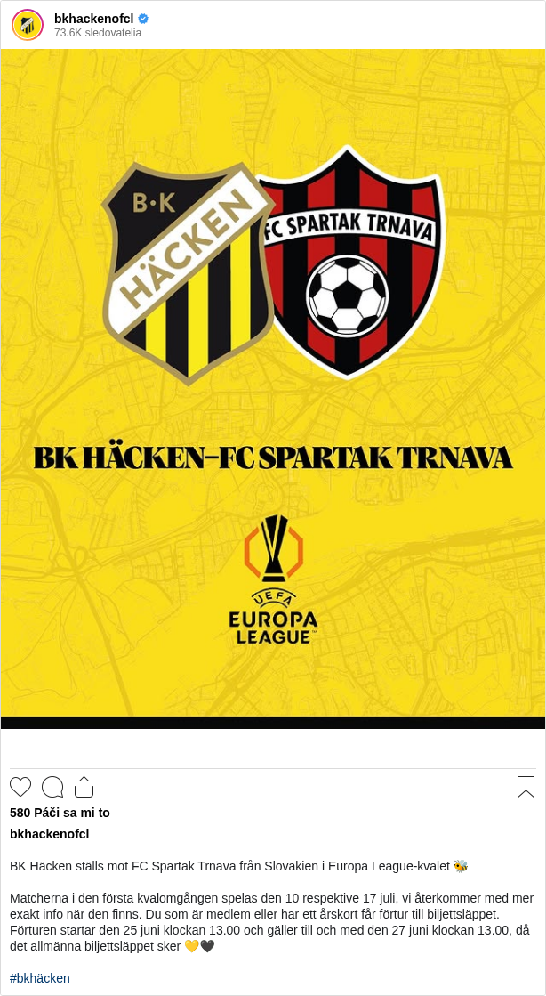 

BK Häcken ställs mot FC Spartak Trnava från Slovakien i Europa League-kvalet 🐝

Matcherna i den första kvalomgången spelas den 10 respektive 17 juli, vi återkommer med mer exakt info när den finns. Du som är medlem eller har ett årskort får förtur till biljettsläppet. Förturen startar den 25 juni klockan 13.00 och gäller till och med den 27 juni klockan 13.00, då det allmänna biljettsläppet sker 💛🖤

#bkhäcken
