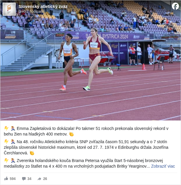 Slovenský atletický zväz: ⚡️ 🏃‍♀️ Emma Zapletalová to dokázala! Po takmer 51 rokoch prekonala slovenský rekord v behu žien na hladkých 400 metrov. 👏

 ⚡️ 🏃‍♀️ Na 48. ročníku Atletického kritéria SNP zvíťazila časom 51,91 sekundy a o 7 stotín zlepšila slovenské historické maximum, ktoré od 27. 7. 1974 v Edinburghu držala Jozefína Čerchlanová. 👏

 ⚡️ 🏃‍♀️ Zverenka holandského kouča Brama Petersa využila štart 5-násobnej bronzovej medailistky zo štafiet na 4 x 400 m na vrcholných podujatiach Britky Yearginovej (51,99), ktorú predstihla v samom závere. 👏 

 ⚡️ 🏃‍♀️ Zapletalová reprezentujúca banskobystrickú Duklu si zlepšila na Štiavničkách osobák z Ostravy 2020 až o 63 stotín. Rekord SR (52,61) jej patrí i v hale. 👏

 ⚡️ 🏃‍♀️ Emma Zapletalová: „Je to úžasný pocit. Pred pretekmi som sa snažila vytesniť z hlavy myšlienky o rekorde, aby som nebola sklamaná, ak sa to náhodou nepodarí. Povedala som si, že uvidím, ako to pôjde. Taktika bola radšej to napáliť, aj keby som to nevydržala až do konca, a zistiť, kde sú moje limity." 👏

 📷 FOTO JAROSLAV ČERMÁK


