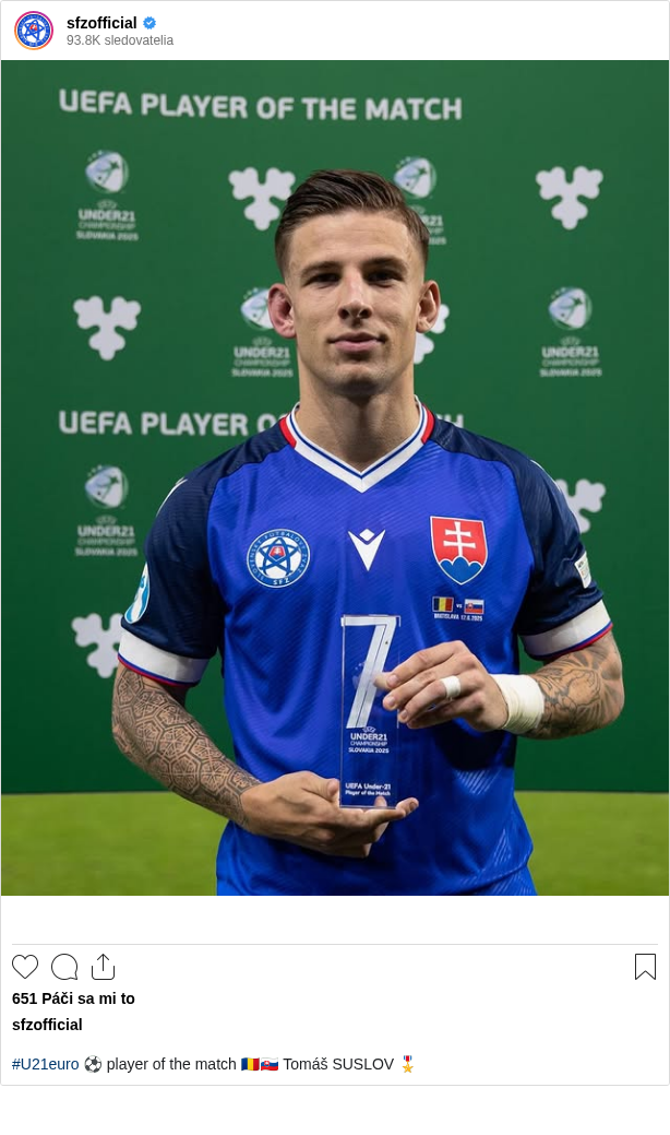 

#U21euro ⚽️ player of the match 🇷🇴🇸🇰 Tomáš SUSLOV 🎖️
