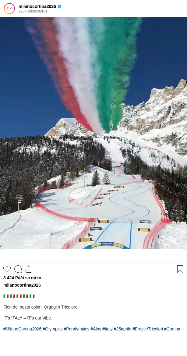 

🇮🇹 🇮🇹 🇮🇹 🇮🇹 🇮🇹​

Fieri dei nostri colori. Orgoglio Tricolore.​

IT's ITALY – IT's our Vibe.​

#MilanoCortina2026 #Olympics #Paralympics #Alps #Italy #25aprile #FrecceTricolori #Cortina