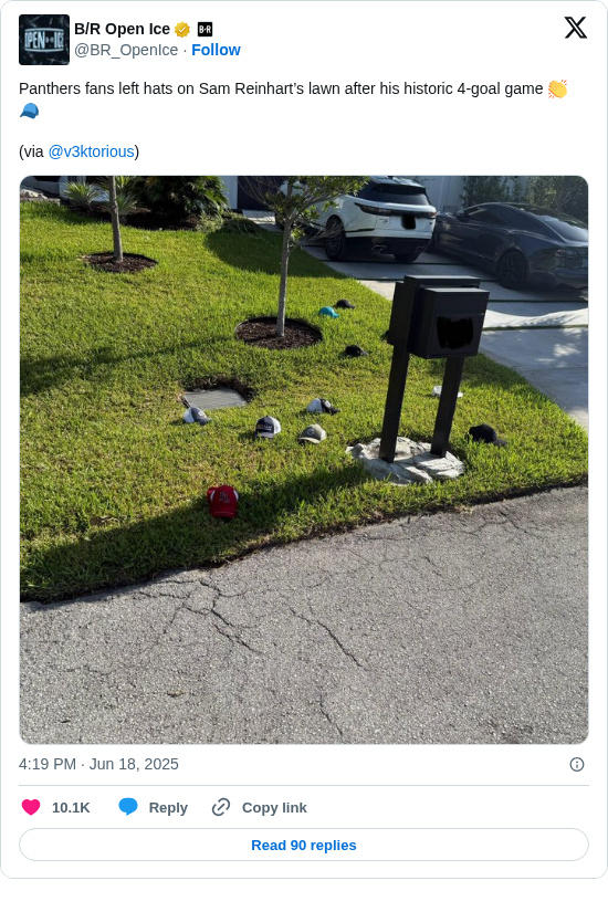 B/R Open Ice: Panthers fans left hats on Sam Reinhart’s lawn after his historic 4-goal game 👏🧢

(via @v3ktorious) https://t.co/PSI8JGekyi