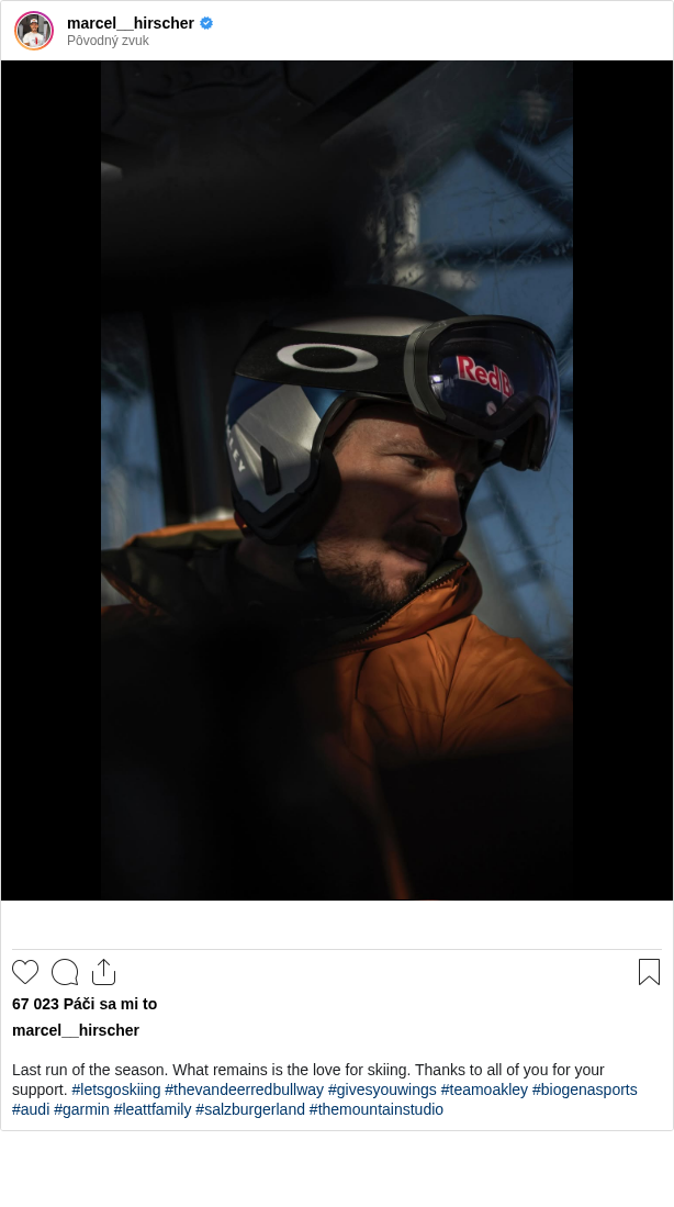 

Last run of the season. What remains is the love for skiing. Thanks to all of you for your support. #letsgoskiing #thevandeerredbullway #givesyouwings #teamoakley #biogenasports #audi #garmin #leattfamily #salzburgerland #themountainstudio