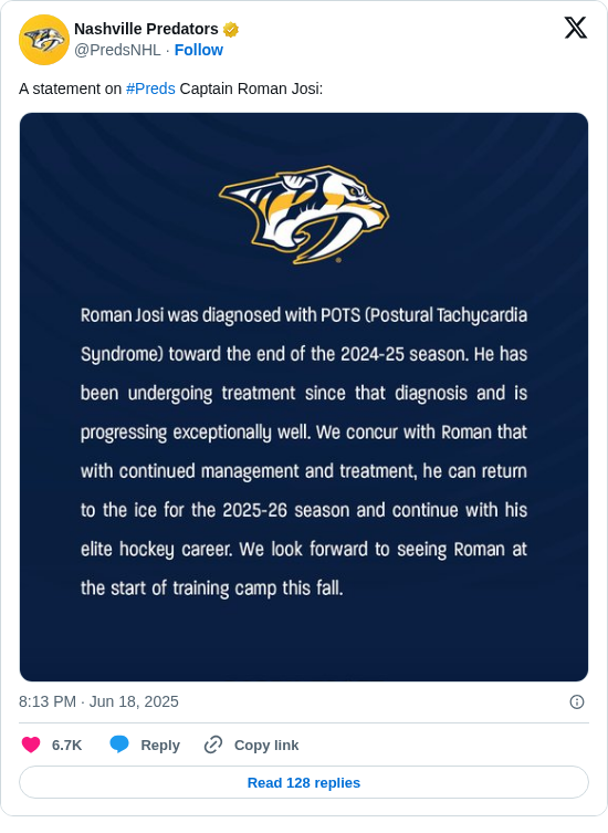Nashville Predators: A statement on #Preds Captain Roman Josi: https://t.co/YxjGhmWRxn