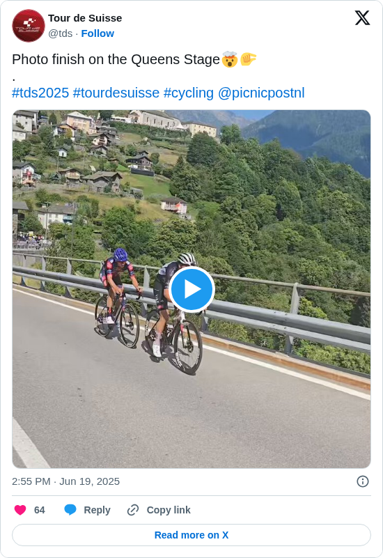 Tour de Suisse: Photo finish on the Queens Stage🤯🤏
.
#tds2025 #tourdesuisse #cycling @picnicpostnl https://t.co/RsfxHbuOMR