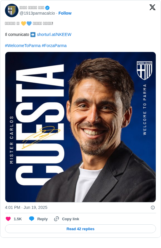 𝐏𝐚𝐫𝐦𝐚 𝐂𝐚𝐥𝐜𝐢𝐨 𝟏𝟗𝟏𝟑: 𝐖𝐞𝐥𝐜𝐨𝐦𝐞 𝐭𝐨 💛💙 𝐂𝐚𝐫𝐥𝐨𝐬 𝐂𝐮𝐞𝐬𝐭𝐚!

Il comunicato ➡️ https://t.co/pTcUr3fHQF

#WelcomeToParma #ForzaParma https://t.co/NAYYWWEzOF