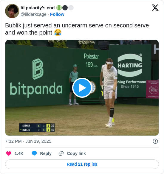 til polarity's end 🎾⚫⚪: Bublik just served an underarm serve on second serve and won the point 😂 https://t.co/decGdK1KKU