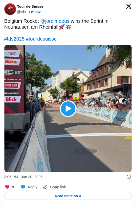 Tour de Suisse: Belgium Rocket @jordimeeus wins the Sprint in Neuhausen am Rheinfall🚀💥
.
#tds2025 #tourdesuisse https://t.co/5cWblwBhH6