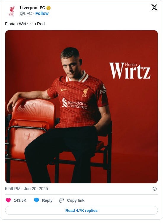 Liverpool FC: Florian Wirtz is a Red. https://t.co/g8Sw65eGxT
