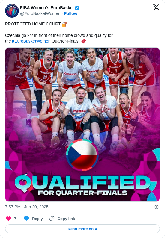FIBA Women's EuroBasket: PROTECTED HOME COURT 🔐

Czechia go 2/2 in front of their home crowd and qualify for the #EuroBasketWomen Quarter-Finals! 🎟 https://t.co/2tfMWahxM9