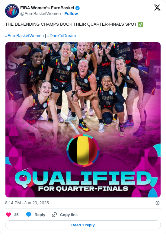 FIBA Women's EuroBasket: THE DEFENDING CHAMPS BOOK THEIR QUARTER-FINALS SPOT ✅

#EuroBasketWomen | #DareToDream https://t.co/OZGhwDTjjw