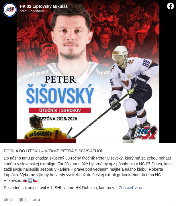 HK 32 Liptovský Mikuláš: POSILA DO ÚTOKU – VÍTAME PETRA ŠIŠOVSKÉHO!

 Do nášho tímu prichádza skúsený 33-ročný útočník Peter Šišovský, ktorý má za sebou bohatú kariéru v slovenskej extralige. Fanúšikom môže byť známy aj z pôsobenia v HC 07 Detva, kde zažil svoju najlepšiu sezónu v kariére – práve pod vedením majiteľa nášho klubu, Roberta Ľuptáka. Výborné výkony ho vtedy vystrelili až do českej extraligy, konkrétne do tímu HC Vítkovice. 🇸🇰➡️🇨🇿

 Posledné sezóny strávil v 1. SHL v tíme HK Dubnica, kde ho však trápili zdravotné problémy. Veríme však, že sa mu v Liptove podarí opäť naštartovať kariéru a ukáže všetko, čo v ňom je. 💪

 Vitaj v Mikuláši, Šišo! 🔥

