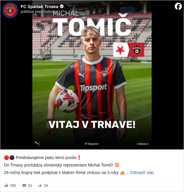 FC Spartak Trnava: 🔴⚫ Predstavujeme piatu letnú posilu❗

 Do Trnavy prichádza slovenský reprezentant Michal Tomič! 💥

 26-ročný krajný bek podpísal v Malom Ríme zmluvu na 3 roky ✍️

 ⚽️ Svoj prvý zápas na trnavskom štadióne si môže pripísať už 10. júla v európskom pohárovom dueli proti BK Häcken! 

 🎟 Permanentkári majú na tento duel vstup zadarmo! Tak neváhaj a kupuj permicu na 👉 bit.ly/Permanentka2526 <https://l.facebook.com/l.php?u=https%3A%2F%2Fbit.ly%2FPermanentka2526&h=AT38aBfybpOfTzS22s5xs5a0yoBjrNXS_tphGGNvxpMKwxtktzP4k7N3WdkobkgnOVB11VM-9qaYGoMvzEGrQdNQ5YHo-0Pegrm5pIsRTSoa7hUtiEoxZx0s69CPplTbcJ0>

 Michal, vitaj v Trnave! ❤️🖤

