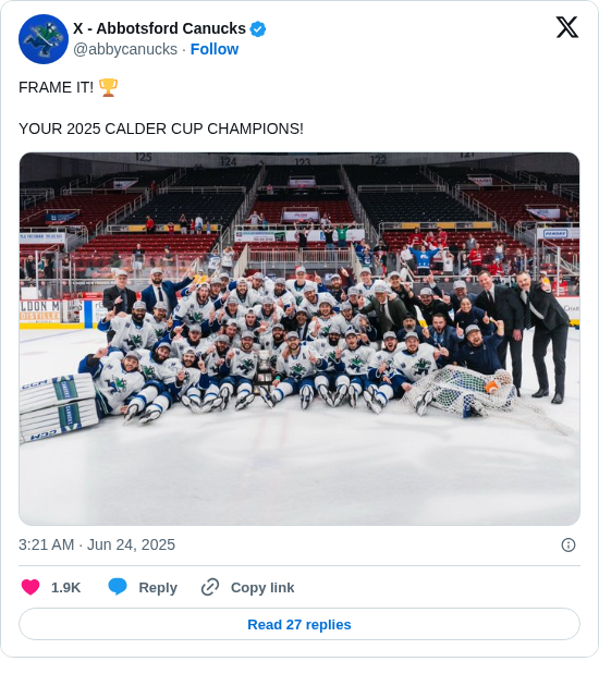 X - Abbotsford Canucks: FRAME IT! 🏆

YOUR 2025 CALDER CUP CHAMPIONS! https://t.co/vumzlfBrY2