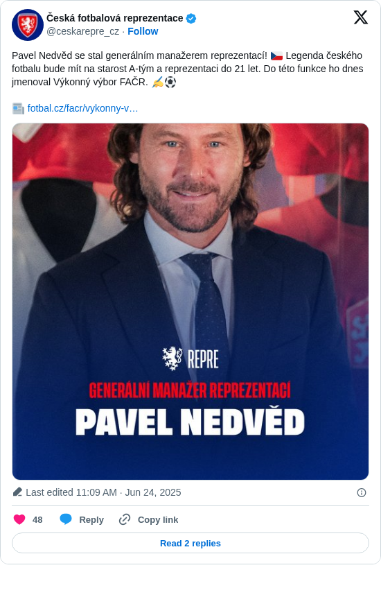 Česká fotbalová reprezentace: Pavel Nedvěd se stal generálním manažerem reprezentací! 🇨🇿 Legenda českého fotbalu bude mít na starost A-tým a reprezentaci do 21 let. Do této funkce ho dnes jmenoval Výkonný výbor FAČR. ✍️⚽

📰 https://t.co/jMwJY5e96K https://t.co/tECsbgG3Ow