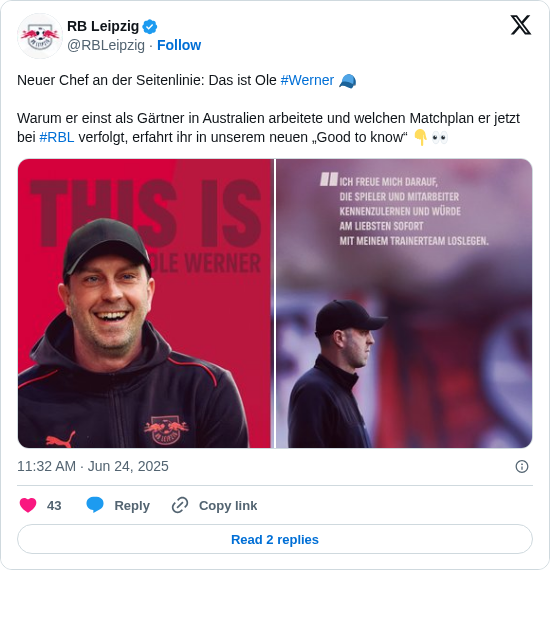 RB Leipzig: Neuer Chef an der Seitenlinie: Das ist Ole #Werner 🧢 

Warum er einst als Gärtner in Australien arbeitete und welchen Matchplan er jetzt bei #RBL verfolgt, erfahrt ihr in unserem neuen „Good to know“ 👇👀 https://t.co/nl6V8Vjms0