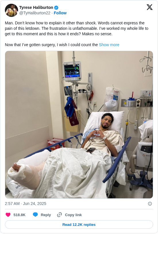 Tyrese Haliburton: Man. Don’t know how to explain it other than shock. Words cannot express the pain of this letdown. The frustration is unfathomable. I’ve worked my whole life to get to this moment and this is how it ends? Makes no sense.

Now that I’ve gotten surgery, I wish I could count the https://t.co/UyY0iFEp6Z