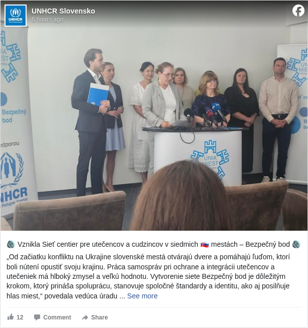 UNHCR Slovensko: 🔊 Vznikla Sieť centier pre utečencov a cudzincov v siedmich 🇸🇰 mestách – Bezpečný bod 🔊

 „Od začiatku konfliktu na Ukrajine slovenské mestá otvárajú dvere a pomáhajú ľuďom, ktorí boli nútení opustiť svoju krajinu. Práca samospráv pri ochrane a integrácii utečencov a utečeniek má hlboký zmysel a veľkú hodnotu. Vytvorenie siete Bezpečný bod je dôležitým krokom, ktorý prináša spoluprácu, stanovuje spoločné štandardy a identitu, ako aj posilňuje hlas miest,“ povedala vedúca úradu UNHCR na Slovensku, Danijela Popovic-Efendic, na dnešnom oficiálnom predstavení siete.

 Sme radi, môžeme podporiť Únia miest Slovenska <https://www.facebook.com/uniamiest?fref=mentions&ref=embed_post> pri koordinovaní tejto siete centier a spoločne tak pomáhať tým, ktorí to potrebujú.

 🔷🔷🔷

 🔊 A Network of Centers for Refugees and Foreigners - Point of Safety - was established in seven 🇸🇰 cities 🔊

 "Since the beginning of the conflict in Ukraine, Slovak cities have opened their doors to people forced to flee their country. The work of municipalities in protecting and integrating refugees is deeply meaningful and invaluable. The creation of the Point of Safety network is therefore an important step that brings cooperation, common standards and identity, as well as a stronger voice," said Head of the UNHCR Office in Slovakia, Danijela Popovic-Efendic, at today's launch of the network.

 We are happy that we can support the Union of Cities of Slovakia in coordinating this network and together helping those in need.

