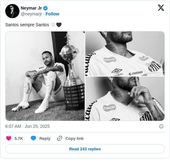 Neymar Jr: Santos sempre Santos 🤍🖤 https://t.co/KaTlAmUR1q