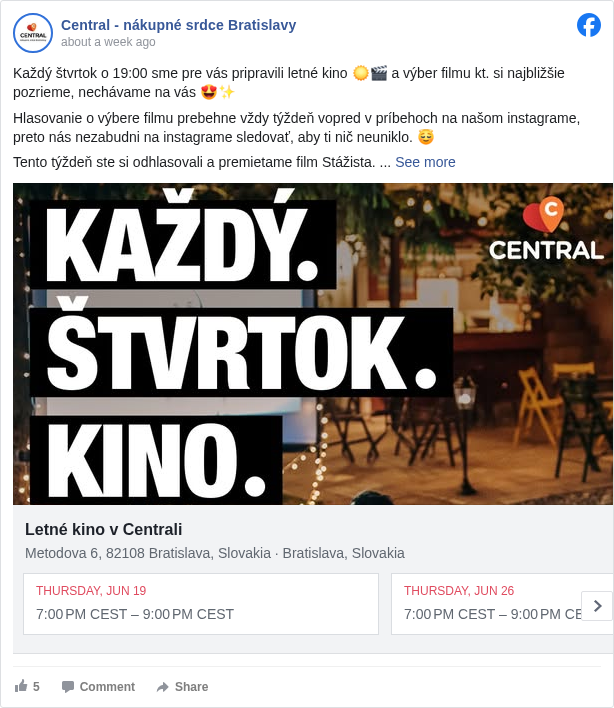 Central - nákupné srdce Bratislavy: Každý štvrtok o 19:00 sme pre vás pripravili letné kino ☀️🎬 a výber filmu kt. si najbližšie pozrieme, nechávame na vás 😍✨ 

 Hlasovanie o výbere filmu prebehne vždy týždeň vopred v príbehoch na našom instagrame, preto nás nezabudni na instagrame sledovať, aby ti nič neuniklo. 😇

 Tento týždeň ste si odhlasovali a premietame film Stážista. 

 Vidíme sa vo štvrtok 19.06 o 19:00 na streche v Centrali 🎥🎞️

 Vstup je zdarma 🤑
 Tešíme sa na vás ☺️

