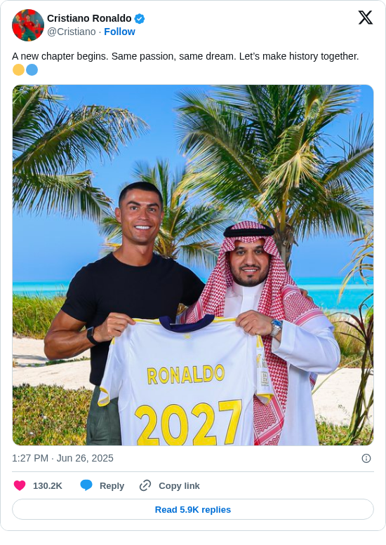 Cristiano Ronaldo: A new chapter begins. Same passion, same dream. Let’s make history together. 🟡🔵 https://t.co/JRwwjEcSZR