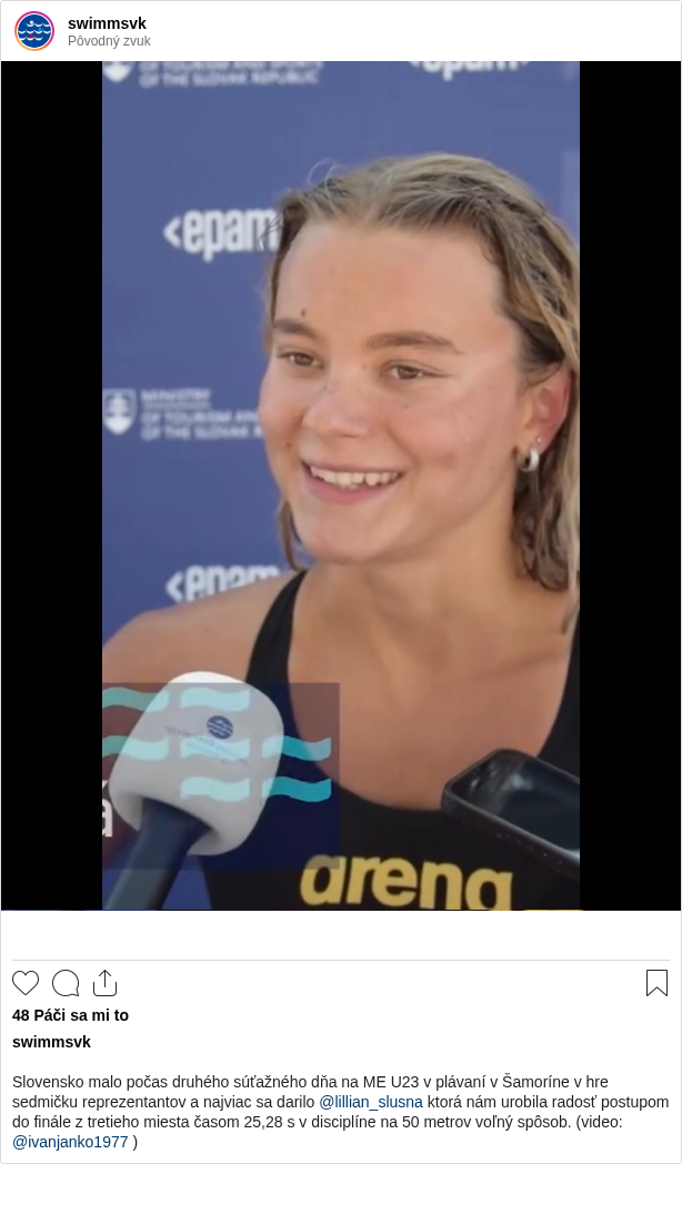 

Slovensko malo počas druhého súťažného dňa na ME U23 v plávaní v Šamoríne v hre sedmičku reprezentantov a najviac sa darilo @lillian_slusna ktorá nám urobila radosť postupom do finále z tretieho miesta časom 25,28 s v disciplíne na 50 metrov voľný spôsob. (video: @ivanjanko1977 )