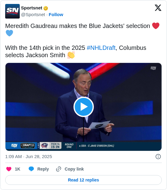 Sportsnet: Meredith Gaudreau makes the Blue Jackets' selection ❤️💙

With the 14th pick in the 2025 #NHLDraft, Columbus selects Jackson Smith 👏 https://t.co/CrnDcHm7jA