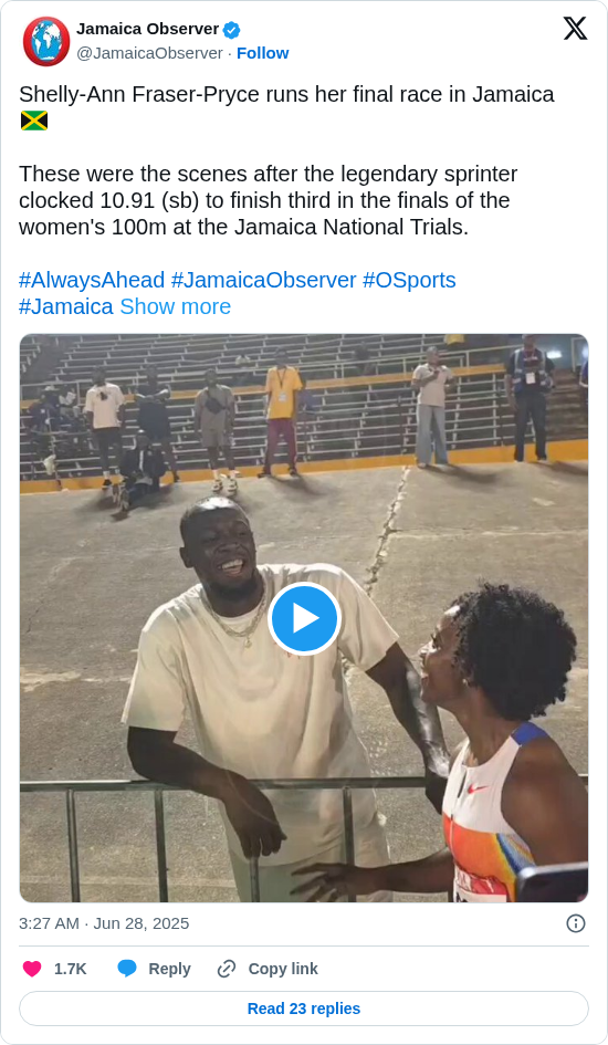 Jamaica Observer: Shelly-Ann Fraser-Pryce runs her final race in Jamaica 🇯🇲 

These were the scenes after the legendary sprinter clocked 10.91 (sb) to finish third in the finals of the women's 100m at the Jamaica National Trials.

#AlwaysAhead #JamaicaObserver #OSports #Jamaica https://t.co/HVSF4yDyBK