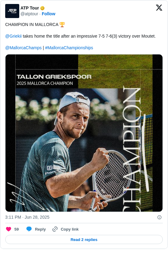 ATP Tour: CHAMPION IN MALLORCA 🏆

@Griekii takes home the title after an impressive 7-5 7-6(3) victory over Moutet.

@MallorcaChamps | #MallorcaChampionships https://t.co/5Mq2A5uHuQ