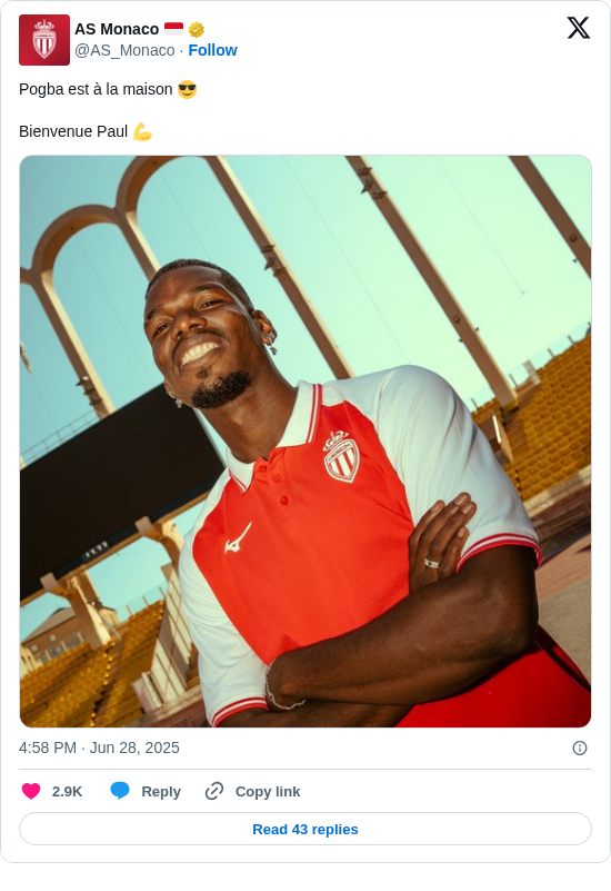 AS Monaco 🇲🇨: Pogba est à la maison 😎

Bienvenue Paul 💪 https://t.co/zggjNrUZjL