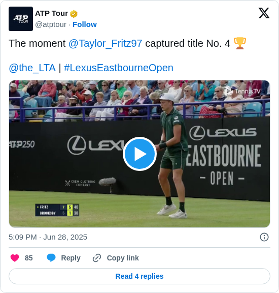 ATP Tour: The moment @Taylor_Fritz97 captured title No. 4 🏆

@the_LTA | #LexusEastbourneOpen https://t.co/CYPvBtwkT5