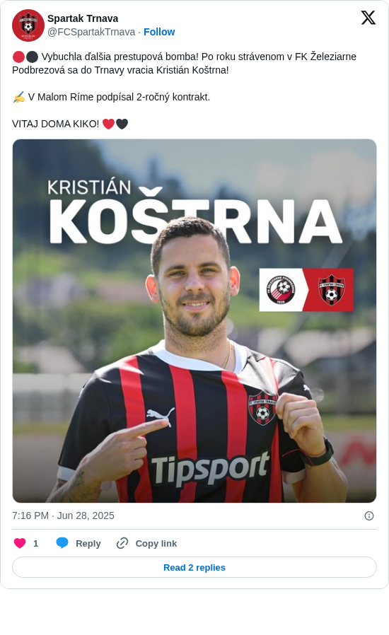 Spartak Trnava: 🔴⚫ Vybuchla ďalšia prestupová bomba! Po roku strávenom v FK Železiarne Podbrezová sa do Trnavy vracia Kristián Koštrna!

✍️ V Malom Ríme podpísal 2-ročný kontrakt.

VITAJ DOMA KIKO! ❤️🖤 https://t.co/C45EL3Nrm6