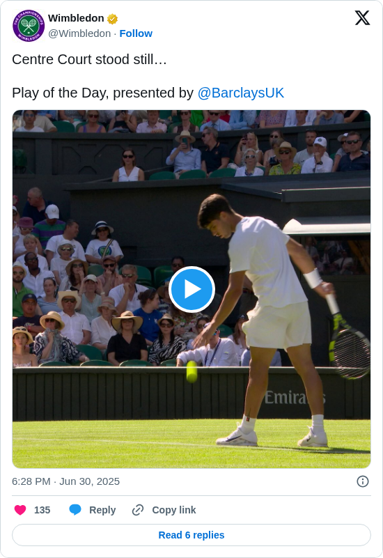 Wimbledon: Centre Court stood still…

Play of the Day, presented by @BarclaysUK https://t.co/y7LlvHr7Gf