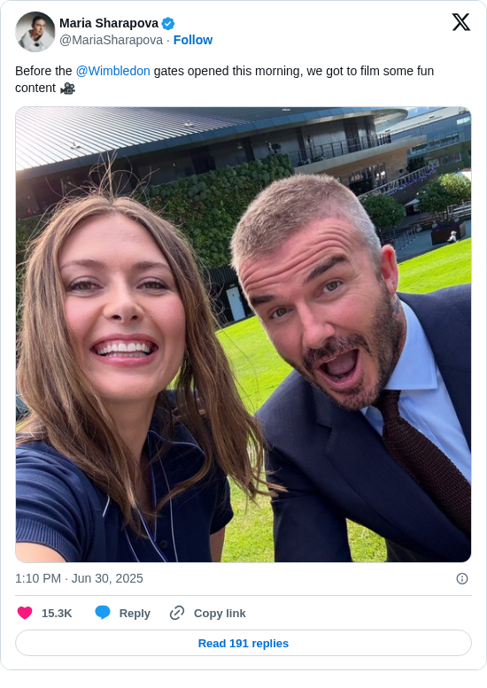 Maria Sharapova: Before the @Wimbledon gates opened this morning, we got to film some fun content 🎥 https://t.co/9OWnFYeVGY