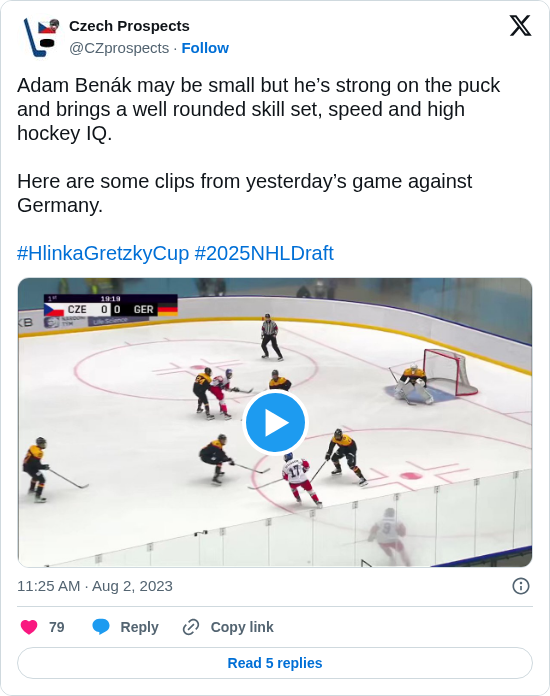 Czech Prospects: Adam Benák may be small but he’s strong on the puck and brings a well rounded skill set, speed and high hockey IQ.

Here are some clips from yesterday’s game against Germany.

#HlinkaGretzkyCup #2025NHLDraft https://t.co/UOHghB9VTW