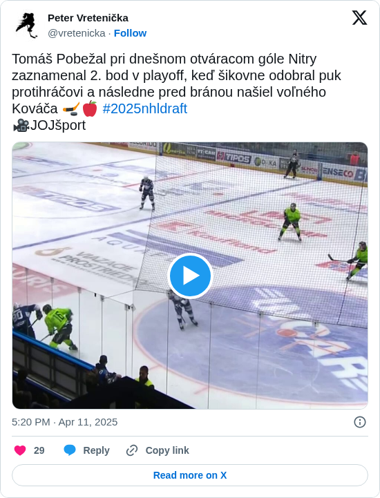 Peter Vretenička: Tomáš Pobežal pri dnešnom otváracom góle Nitry zaznamenal 2. bod v playoff, keď šikovne odobral puk protihráčovi a následne pred bránou našiel voľného Kováča 🏒🍎 #2025nhldraft
🎥JOJšport https://t.co/VM8HeZlHQk