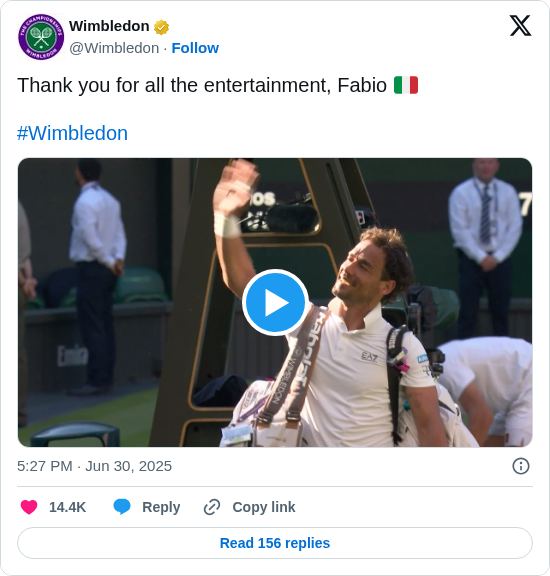 Wimbledon: Thank you for all the entertainment, Fabio 🇮🇹

#Wimbledon https://t.co/ezOsC8JXJB