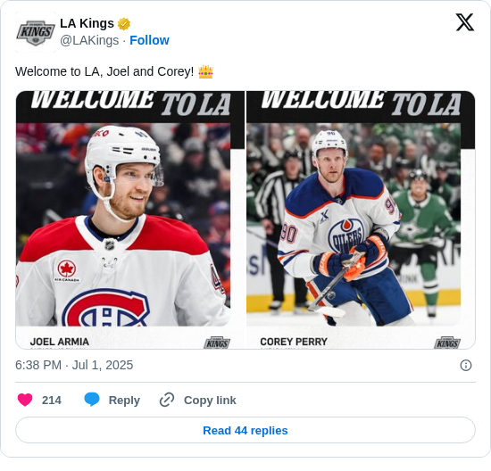 LA Kings: Welcome to LA, Joel and Corey! 👑 https://t.co/4ZjazYCsdF
