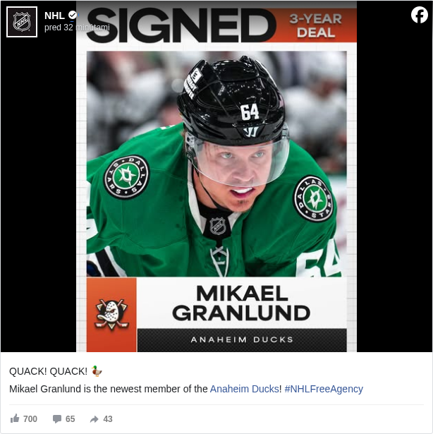 NHL: QUACK! QUACK! 🦆 

 Mikael Granlund is the newest member of the Anaheim Ducks <https://www.facebook.com/anaheimducks?fref=mentions&ref=embed_post>! #NHLFreeAgency </hashtag/nhlfreeagency?__eep__=6&fref=mentions&ref=embed_post>

