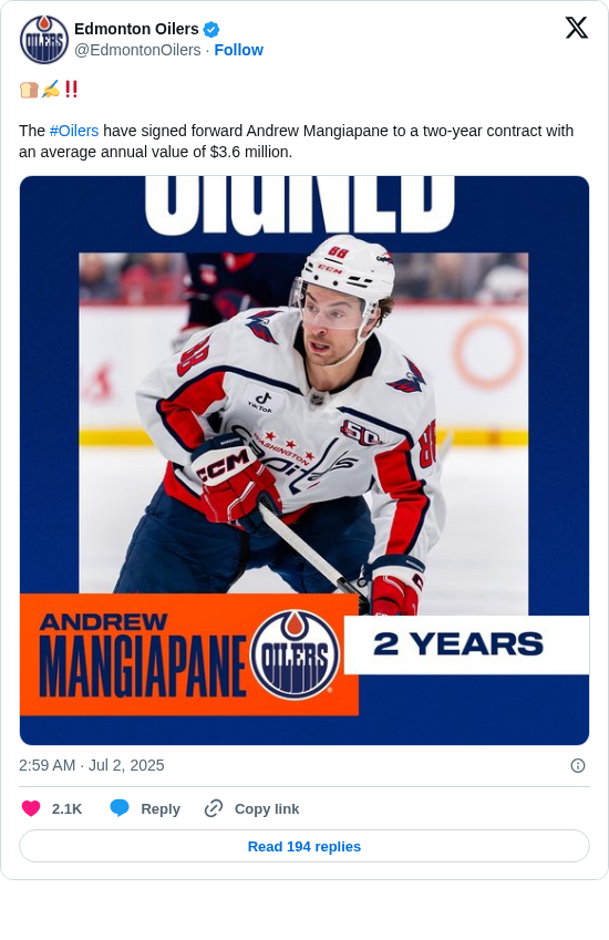 Edmonton Oilers: 🍞✍️‼️

The #Oilers have signed forward Andrew Mangiapane to a two-year contract with an average annual value of $3.6 million. https://t.co/z2ZycYsFxZ