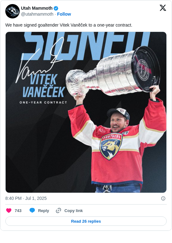 Utah Mammoth: We have signed goaltender Vitek Vaněček to a one-year contract. https://t.co/aogrHyyYix