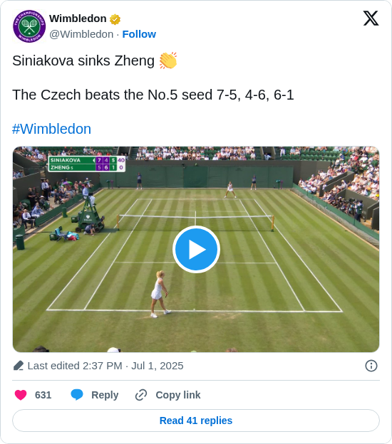 Wimbledon: Siniakova sinks Zheng 👏

The Czech beats the No.5 seed 7-5, 4-6, 6-1

#Wimbledon https://t.co/7kTIwQyDuI