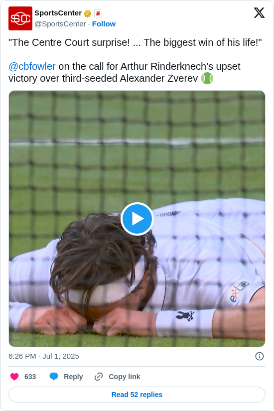 SportsCenter: "The Centre Court surprise! ... The biggest win of his life!"

@cbfowler on the call for Arthur Rinderknech's upset victory over third-seeded Alexander Zverev 🎾 https://t.co/lzrMmLoSVP