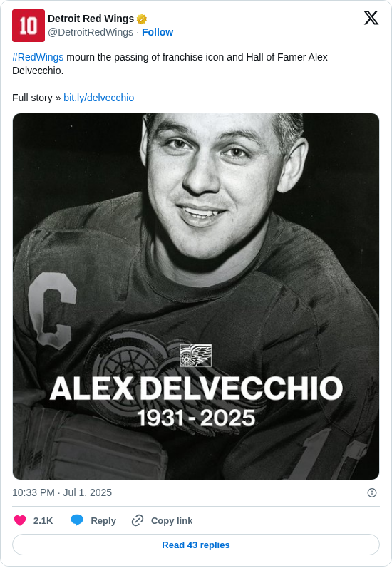 Detroit Red Wings: #RedWings mourn the passing of franchise icon and Hall of Famer Alex Delvecchio.

Full story » https://t.co/Je1o4jozEw https://t.co/REzmtJYRX7