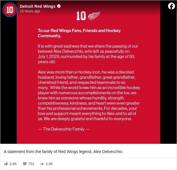Detroit Red Wings: A statement from the family of Red Wings legend, Alex Delvecchio:

