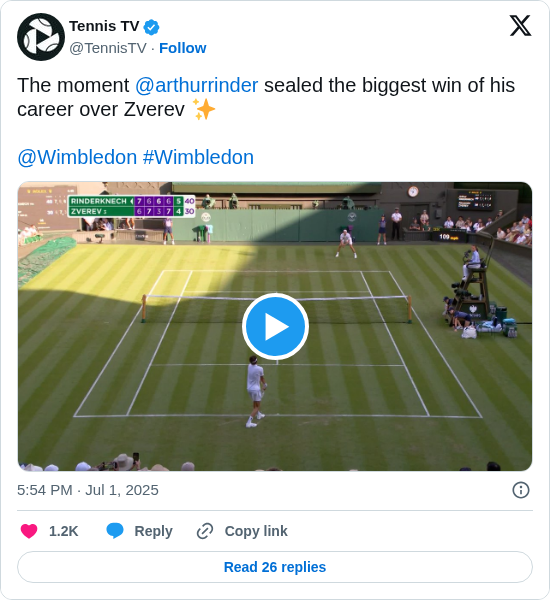 Tennis TV: The moment @arthurrinder sealed the biggest win of his career over Zverev ✨

@Wimbledon #Wimbledon 

 https://t.co/AaDfwHrapn